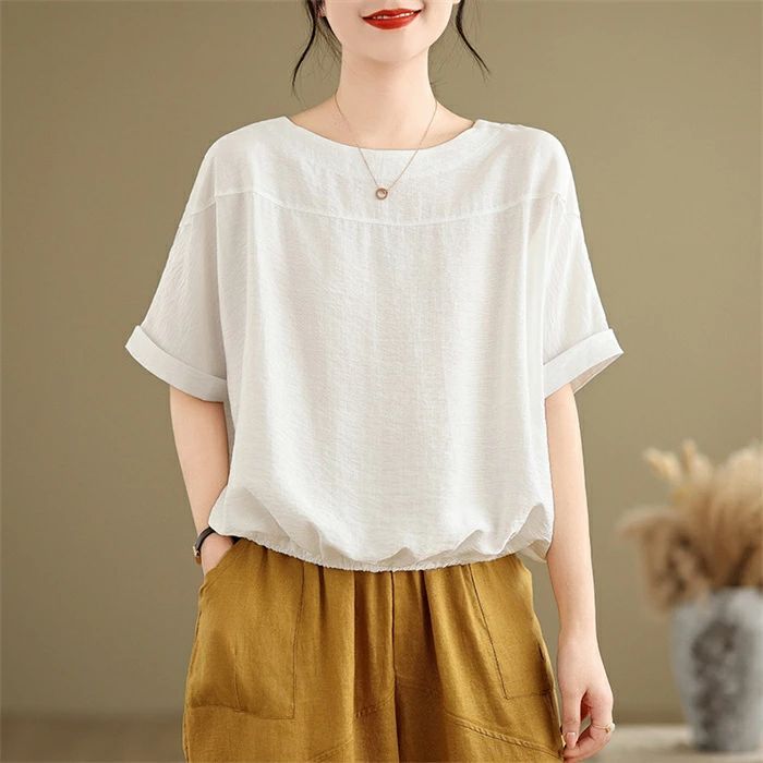 ドルマンスリーブ 夏 綿麻風Ｔシャツ 着痩せ シャツ 大きいサイズ デイリー プルオーバー クルーネック ドロップショルダー シンプル カジュアル 裾ゴム ブラウス tシャツ 着回し トップス Tシャ