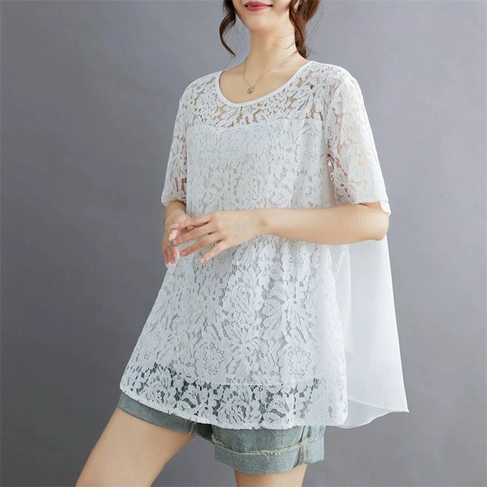レース 大人可愛い 夏 大きいサイズ シャツ ブラウス レディース UVカット 半袖 切り替え ゆったり上品 体型カバー 手洗い30代40代50代60代 チュニック 春 トップス 通勤 薄手 ロングシ