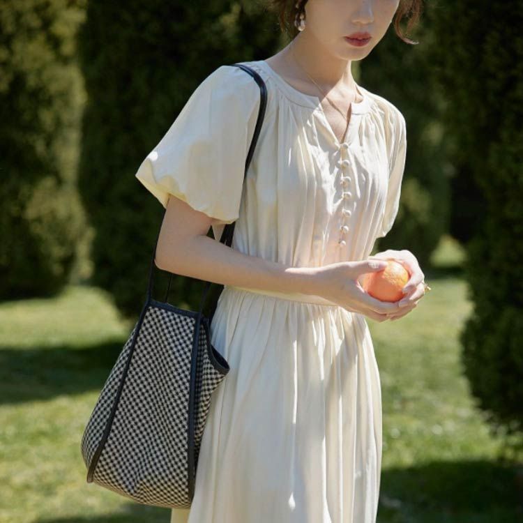 ライン ロング マキシ ワンピ バルーンスリーブ カジュアル ワンピース Vネック パフスリーブ 無地 A レディース フレンチ風 ベージュ 可愛い きれい 半袖ライン ロング マキシ ワンピ バルー